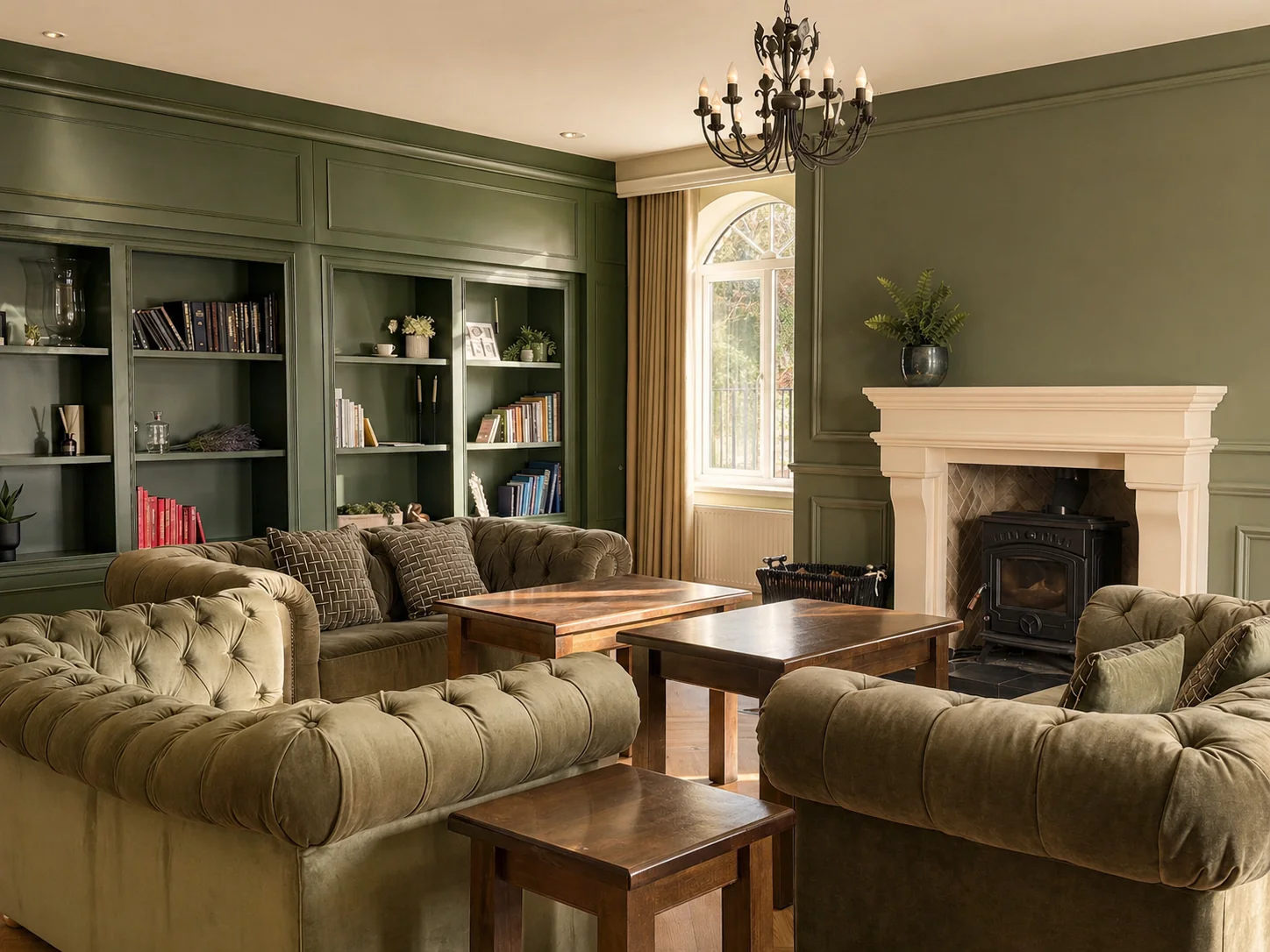 Newly renovated lounge with chesterfield sofas, bookshelves, and fireplace at Donegal Manor